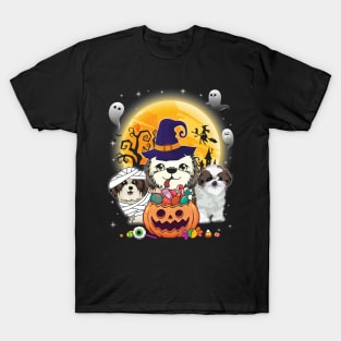 Shih Tzu Dog Mummy Witch Moon Ghosts Happy Halloween Thanksgiving Merry Christmas Day T-Shirt